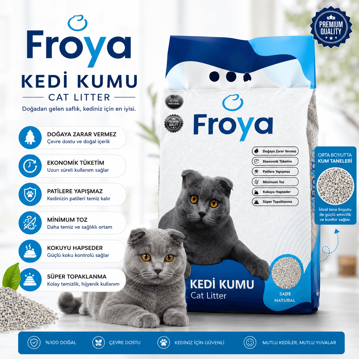 Froya Kokusuz Sade Kedi Kumu 10 Lt Orta Taneli Doğal Topaklanan Tozsuz Kedi Kumu
