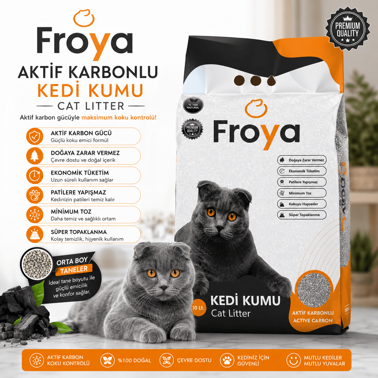 Froya Aktif Karbonlu Kedi Kumu 10 Lt Orta Taneli Topaklanan Kokusuz Doğal Kedi Kumu