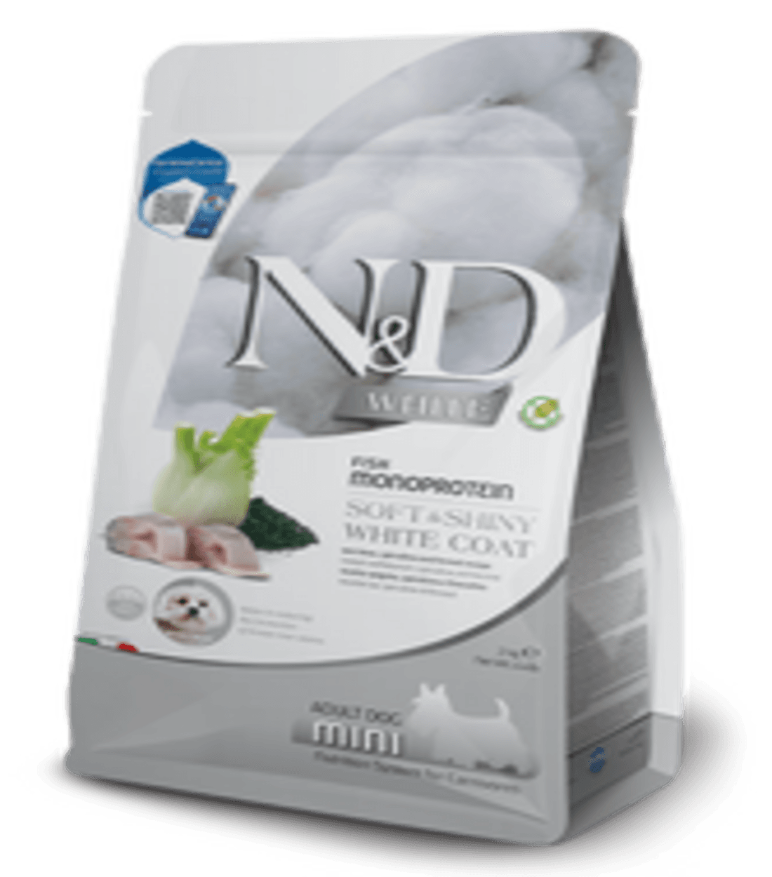 ND White Coat Levrek ve Spirulina Beyaz Tüylü Mini Irk Tahılsız Köpek Maması 2 Kg