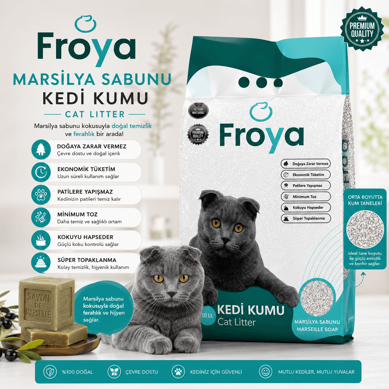 Froya Marsilya Sabunu Kokulu Kedi Kumu 10 Lt Orta Taneli Topaklanan Tozsuz Kedi Kumu