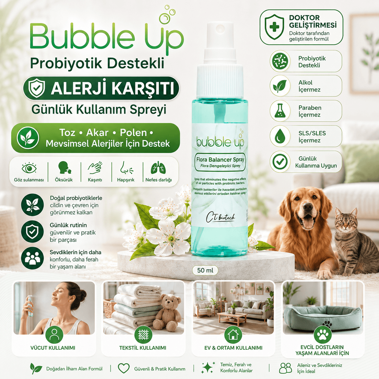 Bubble Up Kedi Köpek Yaşam Alanları İçin Alerji Karşıtı Sprey 50 ml