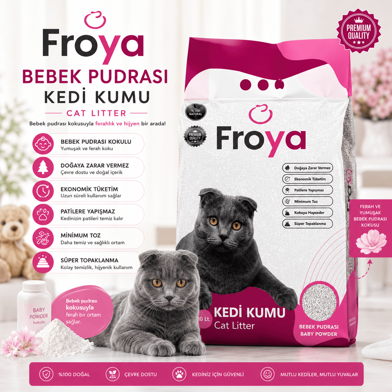 Froya Bebek Pudrası Kokulu Kedi Kumu 10 Lt Orta Taneli Topaklanan Tozsuz Kedi Kumu